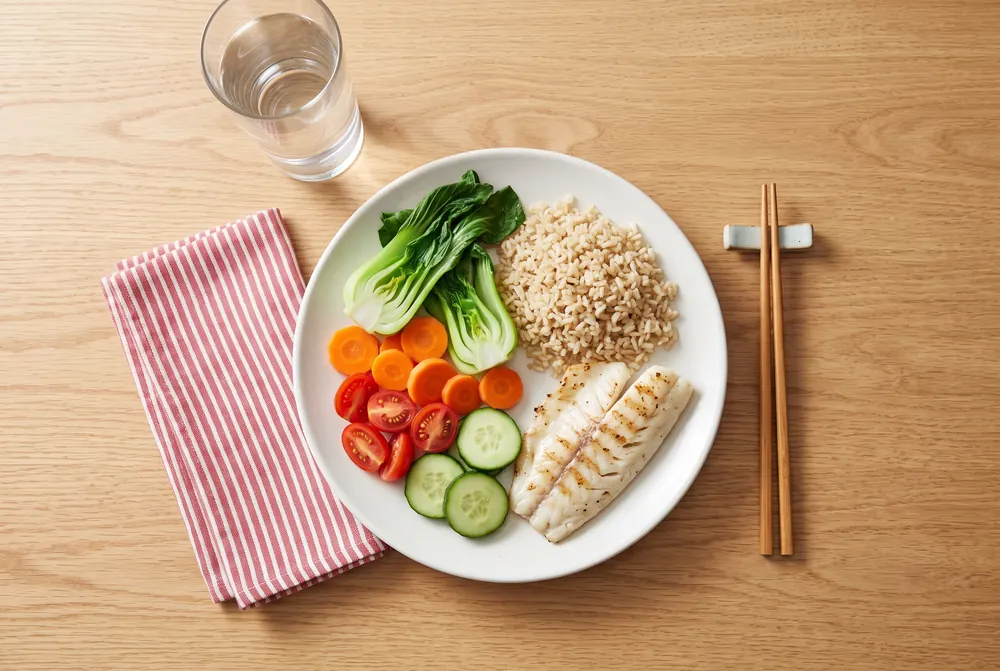 Overhead view of a plate with bok choy, carrots, tomatoes, cucumber, brown rice and grilled fish beside a glass of water and chopsticks.
