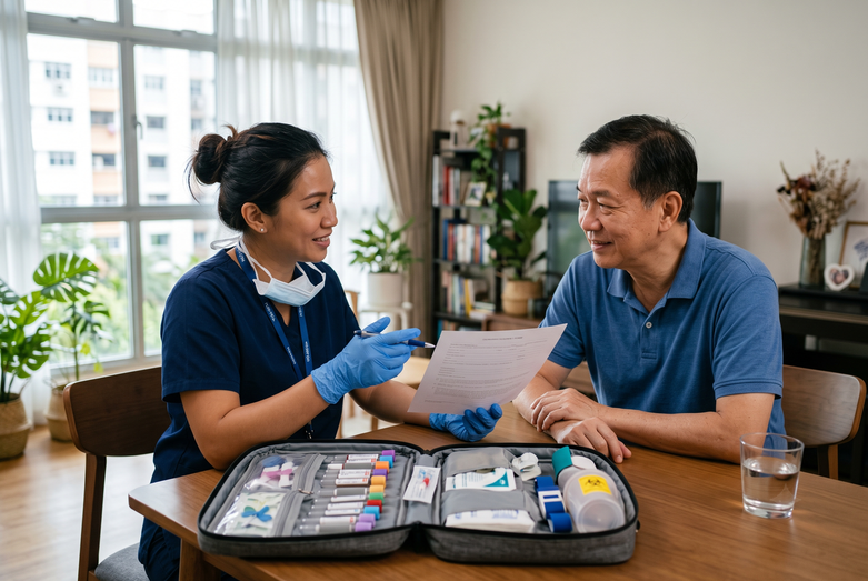 Phlebotomist explaining the consent form to a patient at home before a multi-cancer early detection (MCED) blood test in Singapore