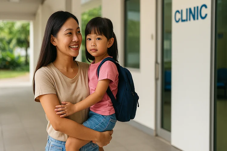 Mother bringing child for recommended vaccinations at GP clinic in Singapore.
