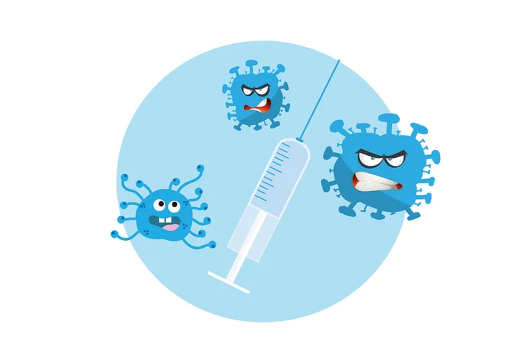 Illustrated syringe fighting virus to show vaccine protection for children.
